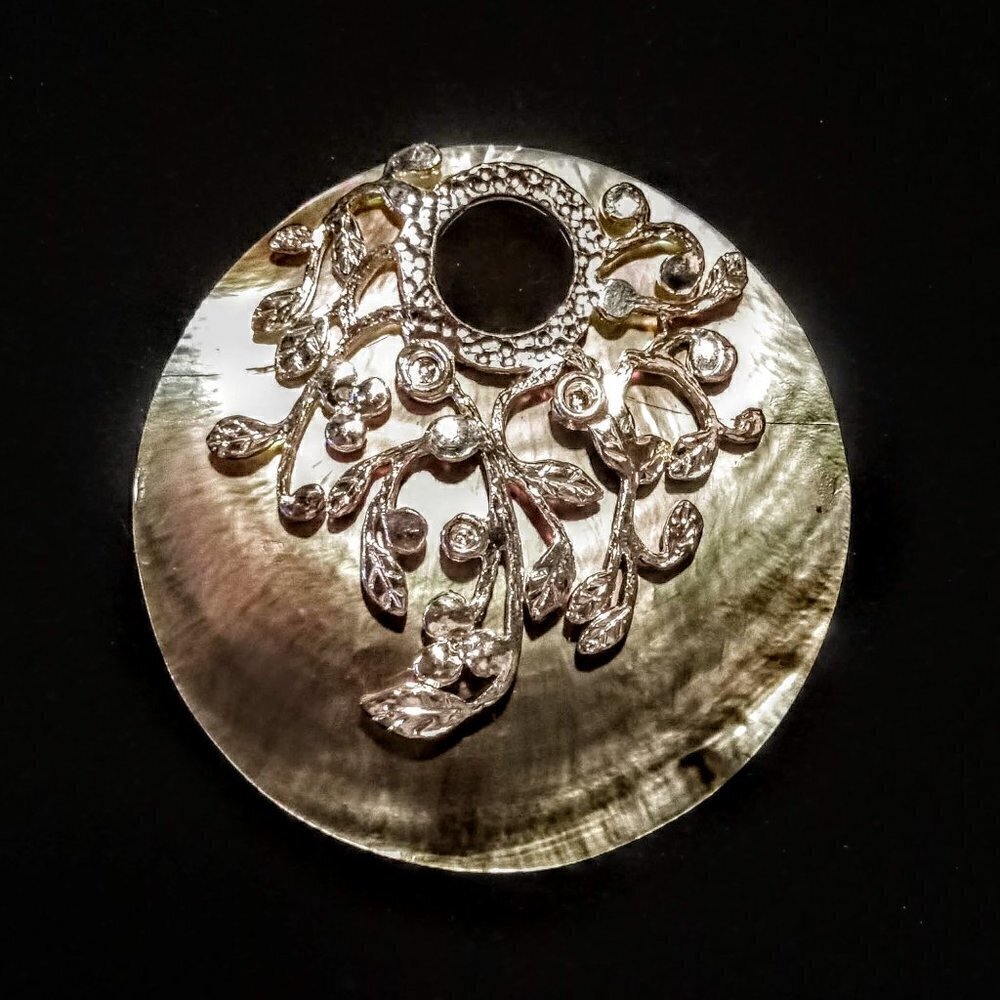 Large Round Shell & Sterling Silver Pendant